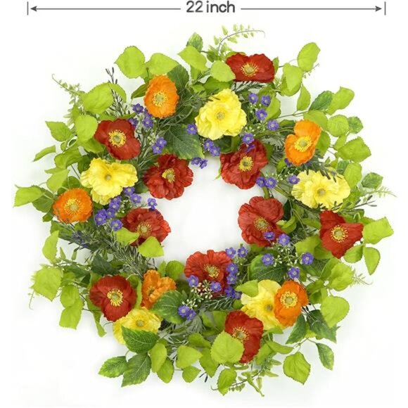 22” Artificial Spring Wreath for Front Door Summer Wreath with Colorful Poppy - Picture 7 of 16